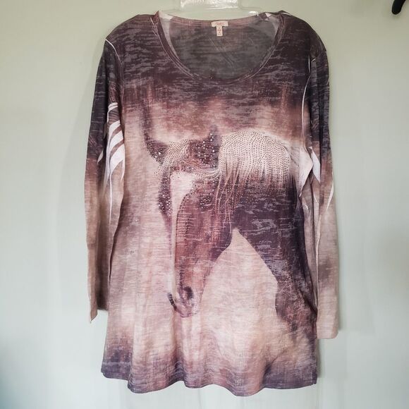Reba Brown Horse Burnout Sequined Tee  Size Small  Western Glam 3/4 Sleeve - Picture 1 of 7